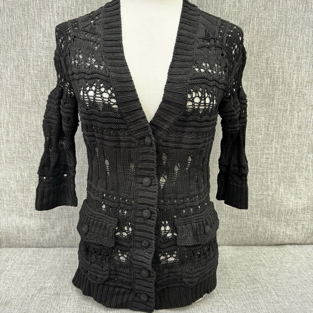 Doncaster Collection 100% Silk Cardigan M Black Crochet Open Weave Knit